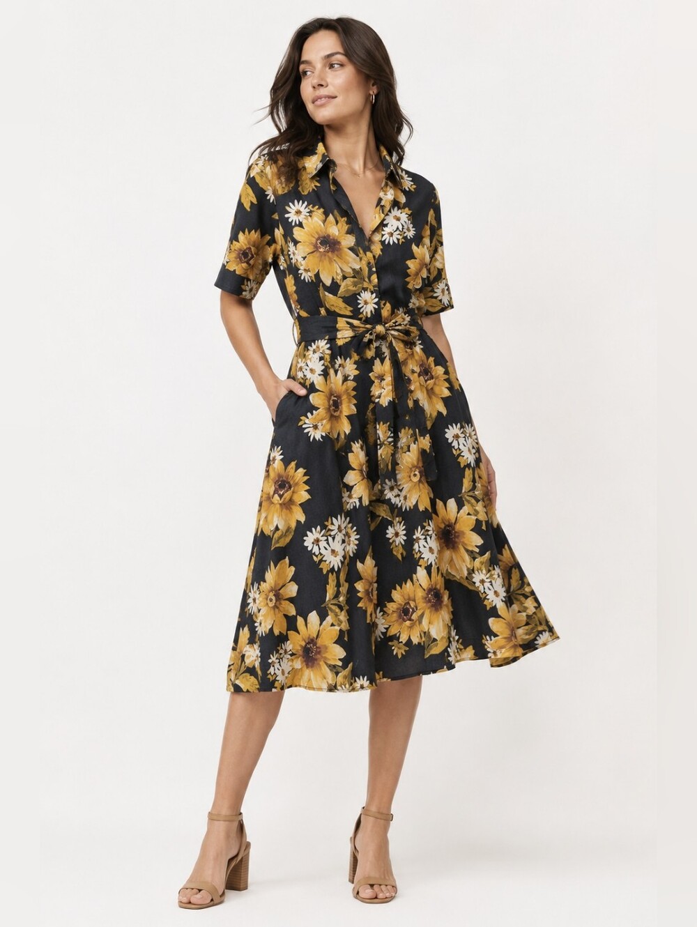 Jason Wu Black Midi Shirt Dress with Yellow Floral Print